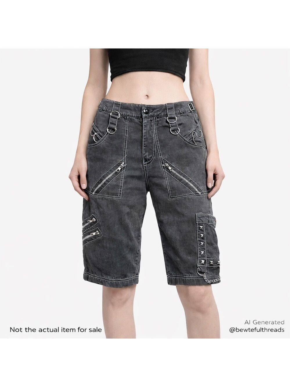 NEVSTUDIO 30 Washed Black Goth Cotton Stud Zip Y2K Shorts